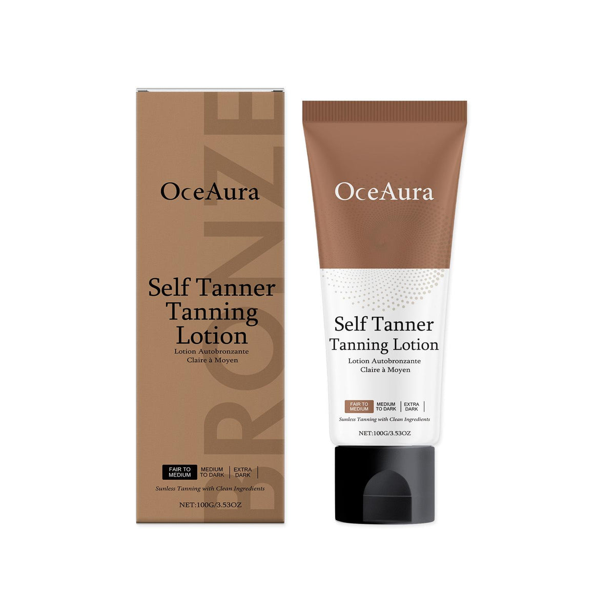 OceAura self Tanner tanning lotion with packaging on a white background NUVESSA 