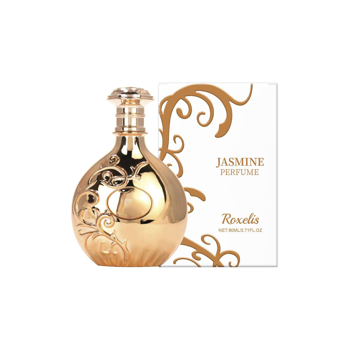 Gold perfume bottle with decorative design and 'Roxelis' packaging on a white background