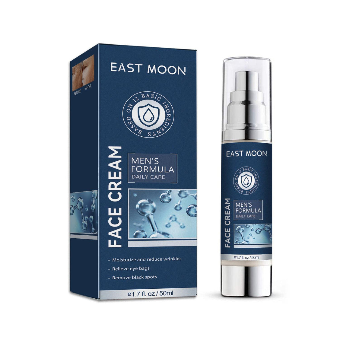 EAST MOON Men's Formula Daily Care Face Cream shown with its retail box and the spray bottle itself on a plain white background NUVESSA 