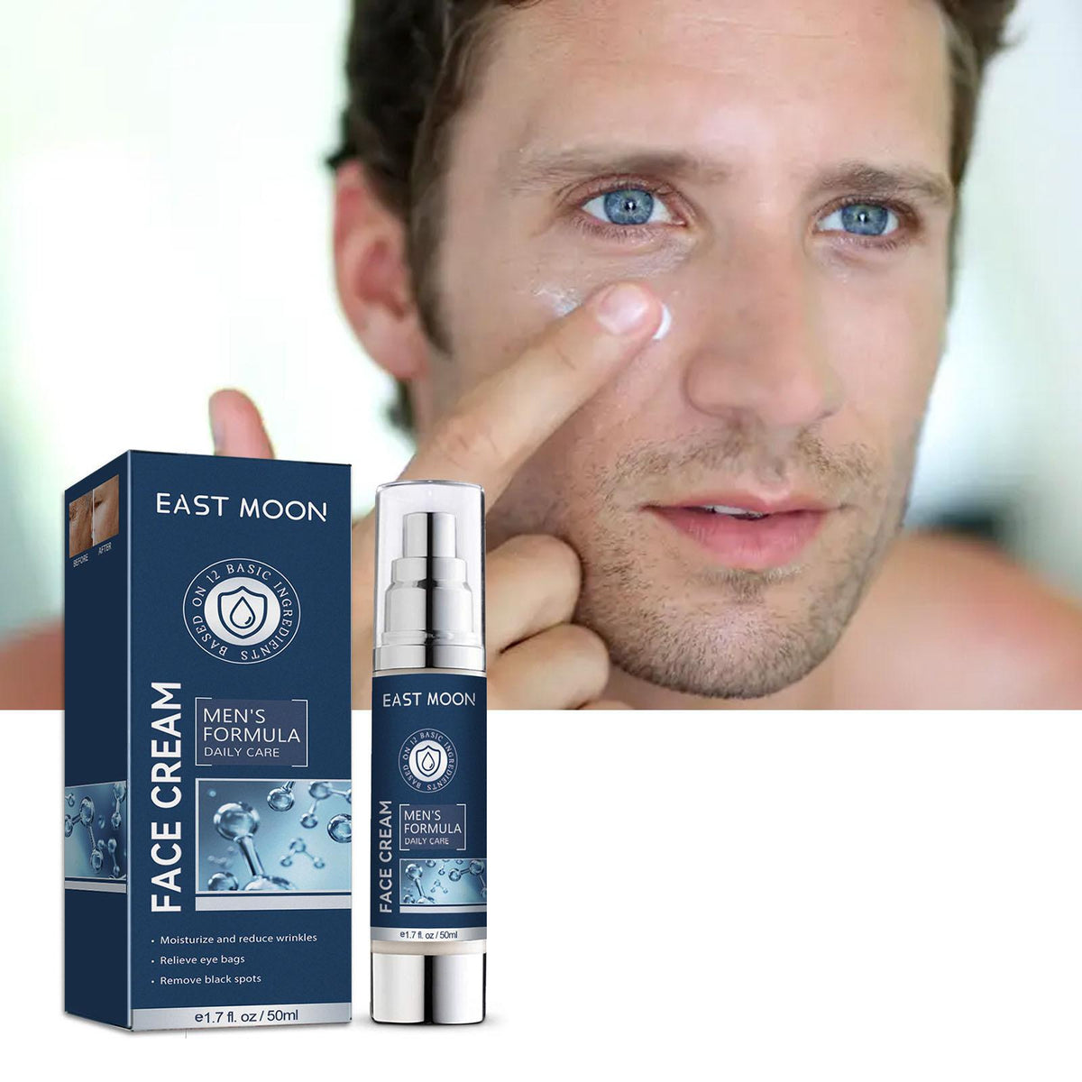 A man applying cream to his face next to a box and bottle of East Moon Men's Formula Face Cream on a white background NUVESSA 